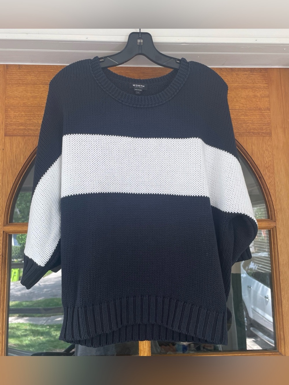 NWOT Worth New York Cotton Dark Navy Blue White Stripe Sweater Size Large